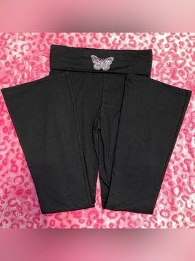 Faded Rose black rhinestone butterfly foldover flare leggings